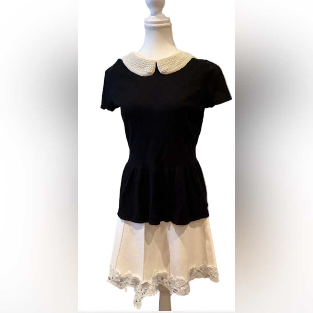 NWOT Marks and Spenser Beaded Peter Pan Collar Black Peplum Knit Top Women
